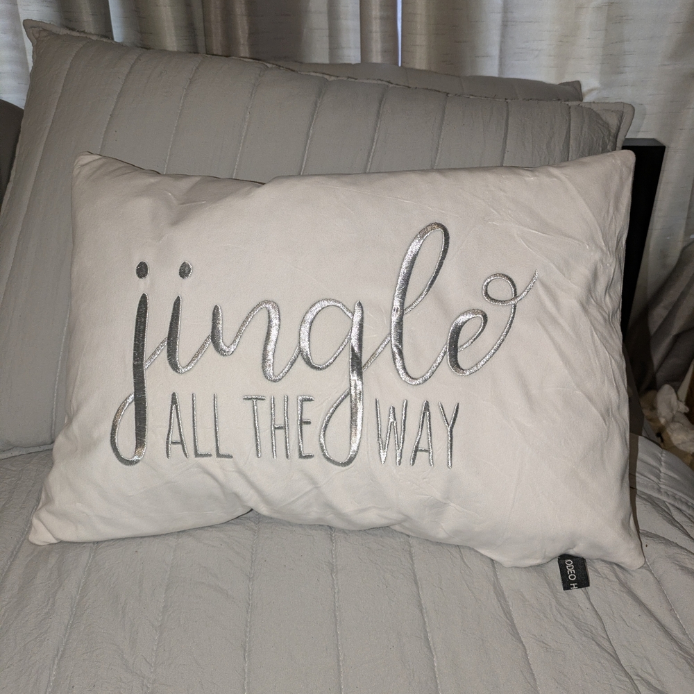 Christmas Holiday Throw Pillow with Silver Embroidery Feather Pillow